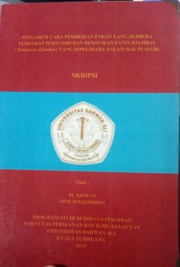 PENGARUH CARA PEMBERIAN PAKAN YANG BERBEDA TERHADAP PERTUMBUHAN BENIH IKAN PATIN DJAMBAL *PANGASIUS DJAMBAL) YANG DIPELIHARA DALAM BAK LISTRIK